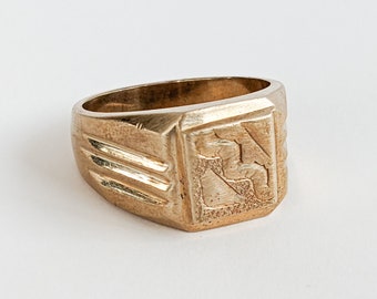 Vintage Geometric Mens Ring, Chunky Square Ring, Gift for Him, 18k Gold Plated, Indian Brass Ring, Eastern Costume Ring, Boho Ethnic. UK X