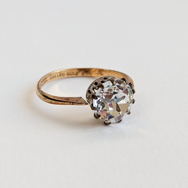 Antique Solitaire Ring For Repair, Ladies Edwardian Engagement Ring, Large Claw Set Cushion Cut Paste Stone, Rolled Gold, 1900s, UK N, AS IS