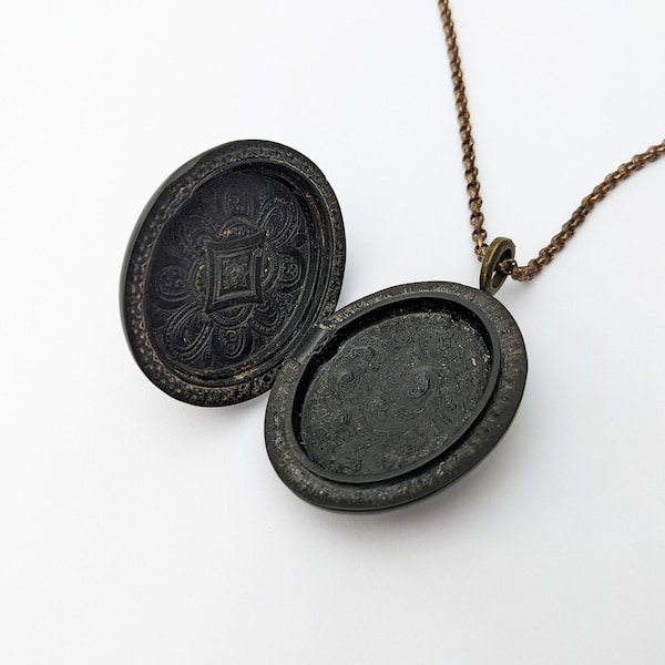 Antique Victorian Locket, Rose Carved Vulcanite, Oval Pendant, Memento Mori, Black Mourning Jewellery, 1800s, 19thC, Keepsake, Memory Gift