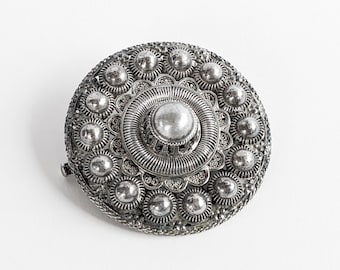 Antique Shield Brooch, Victorian Pin, Silver Filigree Bobble Brooch, Celtic Style, 1800s, Vintage Unisex Jewellery Gifts, 3D Abstract Flower