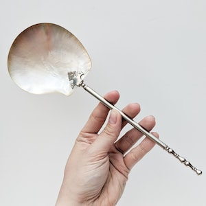 Puede incluir: Una cuchara de servir de plata con un cuenco de nácar. El mango está decorado con un diseño floral.