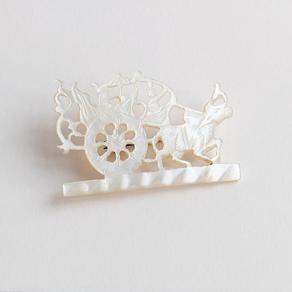 Antique Ox and Cart Brooch, Carved Mother of Pearl, MOP, Chinese Farmer, 1900s Asian Jewellery, Eastern Gifts, Year of the Ox Zodiac, Oxen