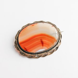 Victorian Agate Pin, Orange Yellow, Large Banded Oval Brooch, Gilt Antique Lapel Pin, Scottish, Polished Stone, 1800s Jewellery Gift for Her