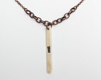 Repurposed Mahjong Pendant Necklace, Carved Bone, Copper Tone Chain