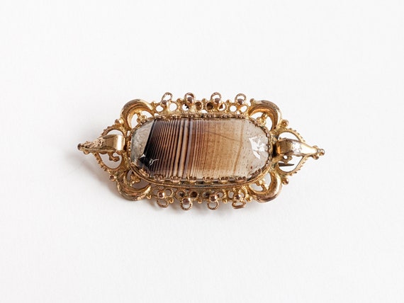 Antique Victorian Brooch, Polished Brown Banded N… - image 1