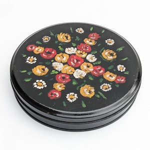 Vintage Floral Tin, Bargeware, Canalware, Folk Art, Flowers Painting, Small Aged Black Round Storage Tin, Sewing Box, Rustic Cottage Chic