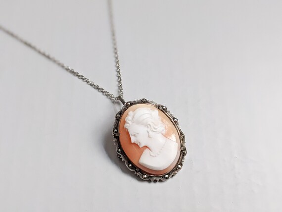 Edwardian Cameo Necklace Oval Carved Carnelian Shell Pendant