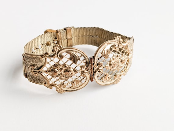 Antique Belt Bracelet, Gilt Woven Mesh, Hinged Br… - image 1