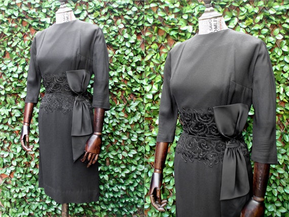 50s Little Black Wiggle Dress, Vintage 1950s Big B