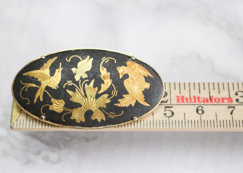 Small Oval Birds Floral Brooch Black Gothic Brooch Trombone Pin Victoriana Damascene Brooch Vintage Spanish Gold Tone Inlaid Lapel Pin