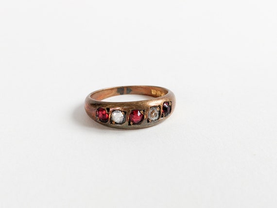 Antique Brass Ring, Round Faceted Red 5 Paste Sto… - image 1