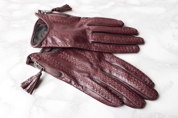 purple leather gloves