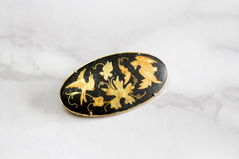 Small Oval Birds Floral Brooch Black Gothic Brooch Trombone Pin Victoriana Damascene Brooch Vintage Spanish Gold Tone Inlaid Lapel Pin