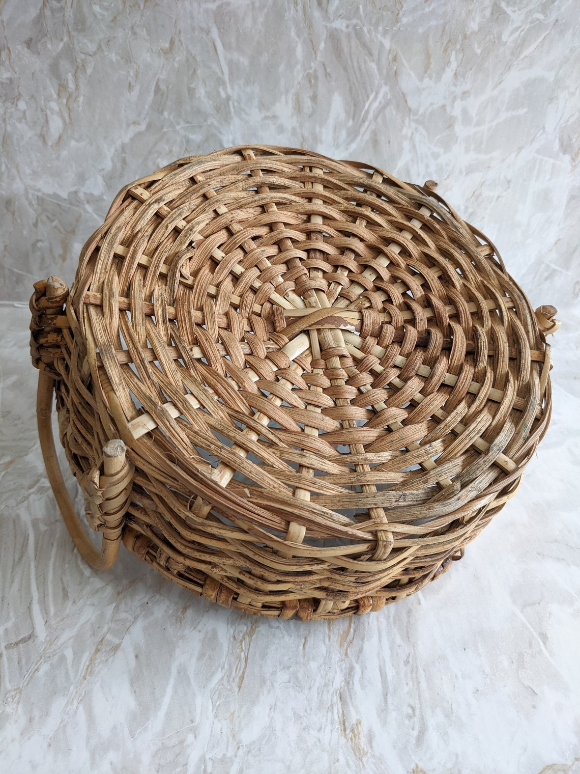 Vintage Weaved Basket With Handles Round Cane Storage Basket Etsy