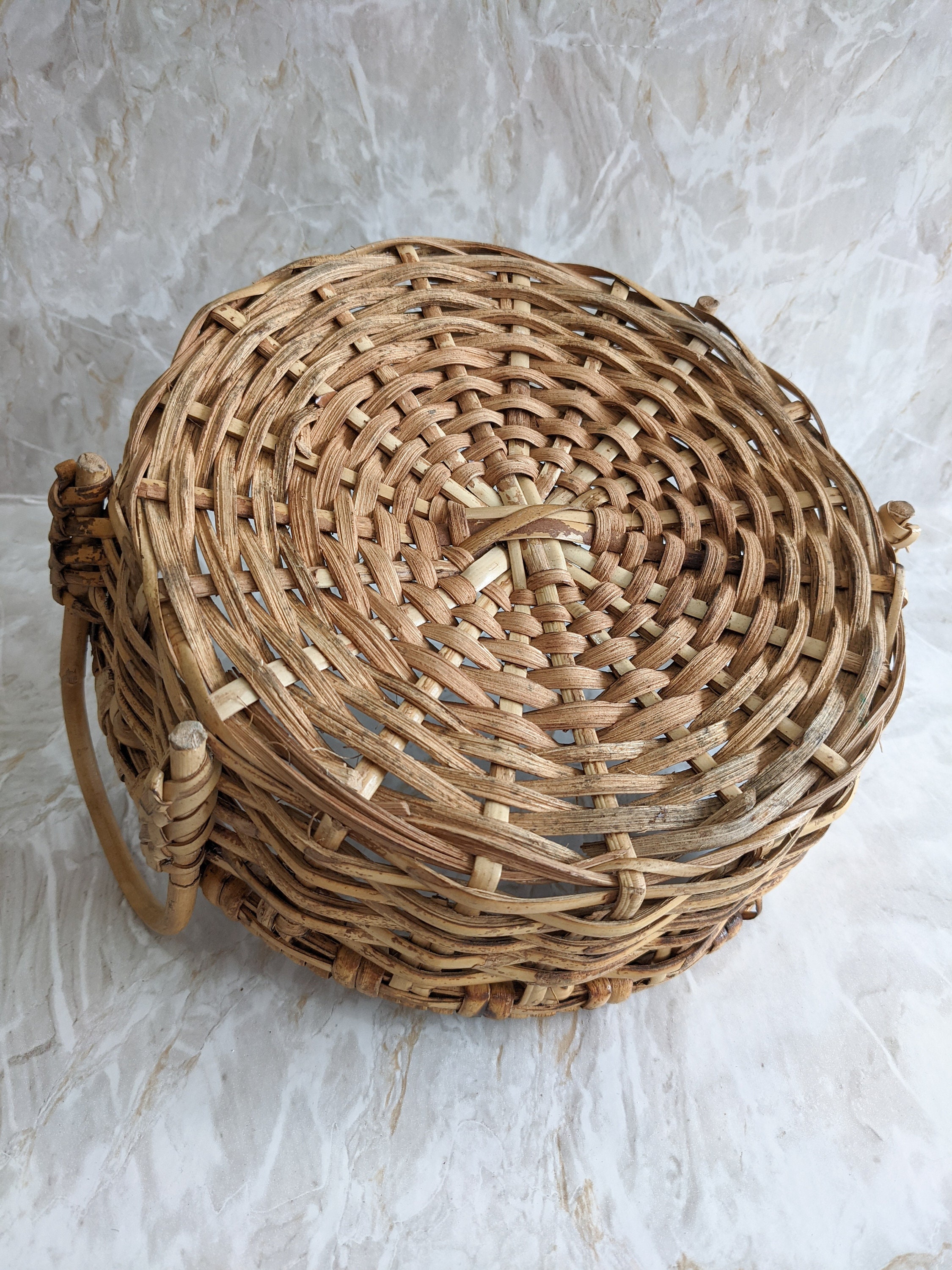 Vintage Weaved Basket with Handles Round Cane Storage Basket Etsy