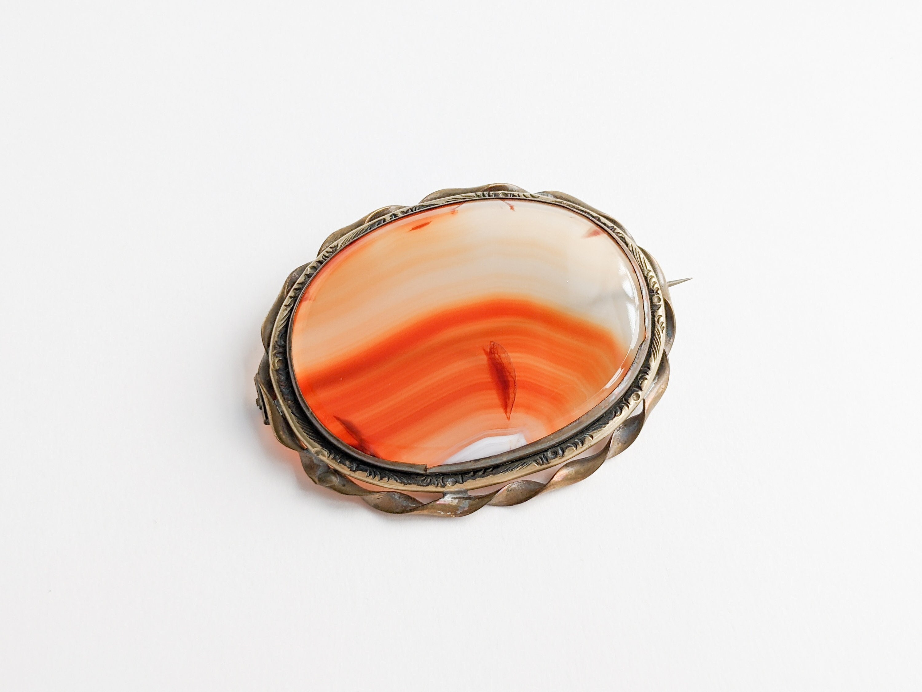 Broche Ancienne Vintage France - Médailon En Pierre D'Agate Orange - Rare - Occasion