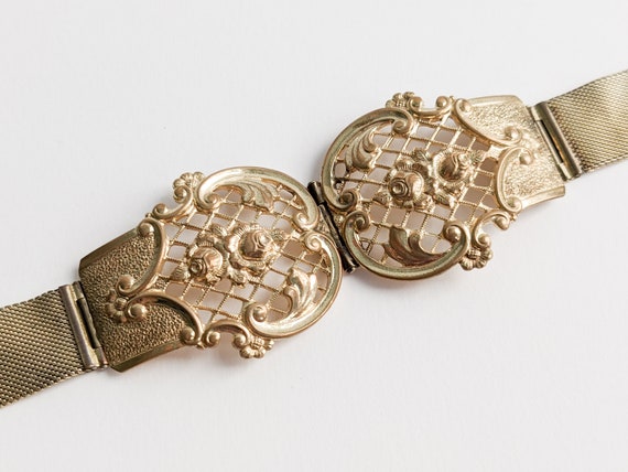 Antique Belt Bracelet, Gilt Woven Mesh, Hinged Br… - image 5