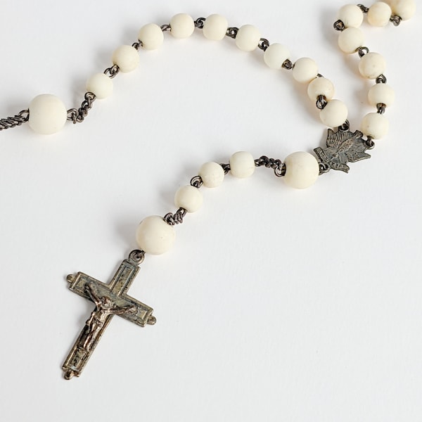 Antique French Rosary Beads, Catholic Christian Jewellery, Carved Beige Horn Beads, Holy Cross Prayer Beads, 1900s, Ave Maria, Hail Mary