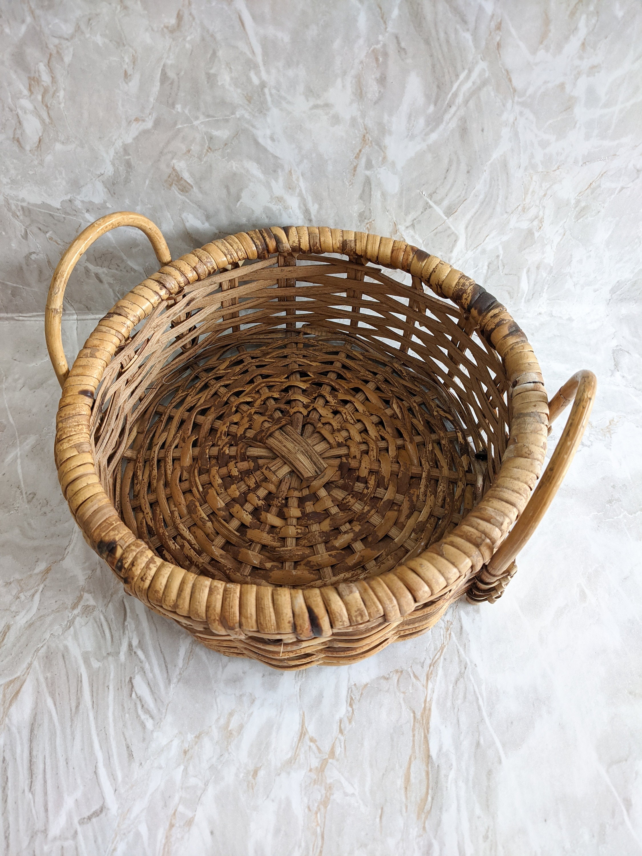Vintage Weaved Basket with Handles Round Cane Storage Basket Etsy