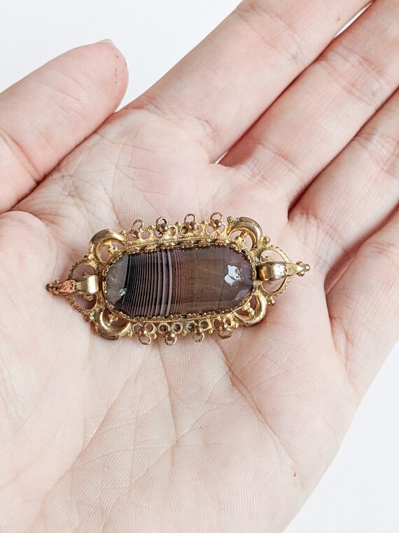 Antique Victorian Brooch, Polished Brown Banded N… - image 7