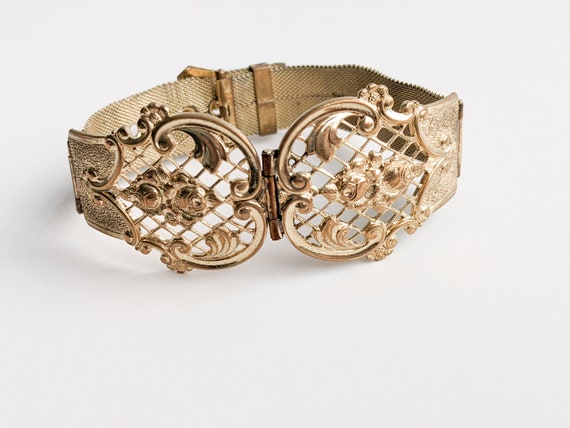 Antique Belt Bracelet, Gilt Woven Mesh, Hinged Br… - image 2