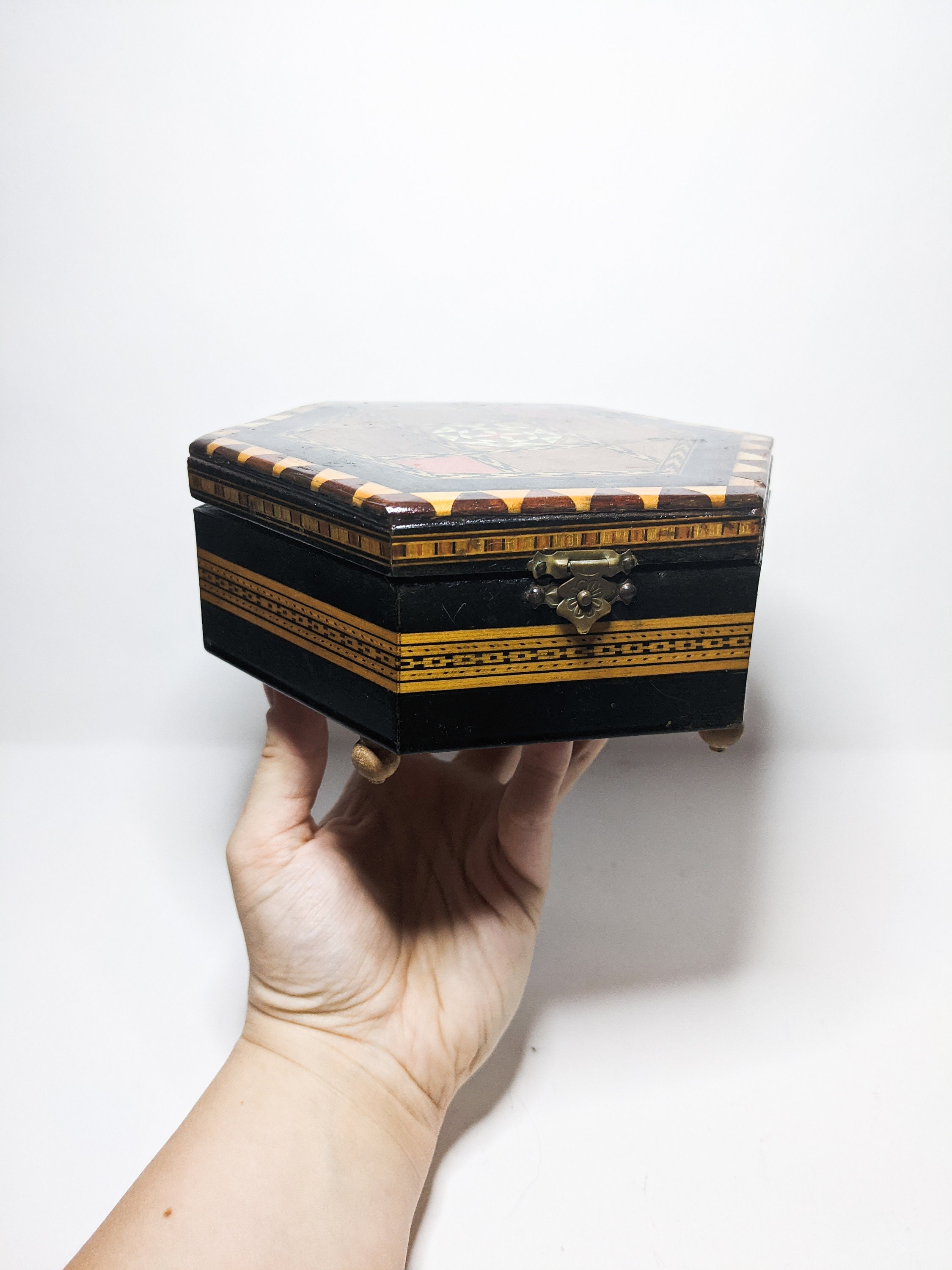 Vintage Musical Box Hexagonal Box with Feet Marquetry Inlaid Etsy