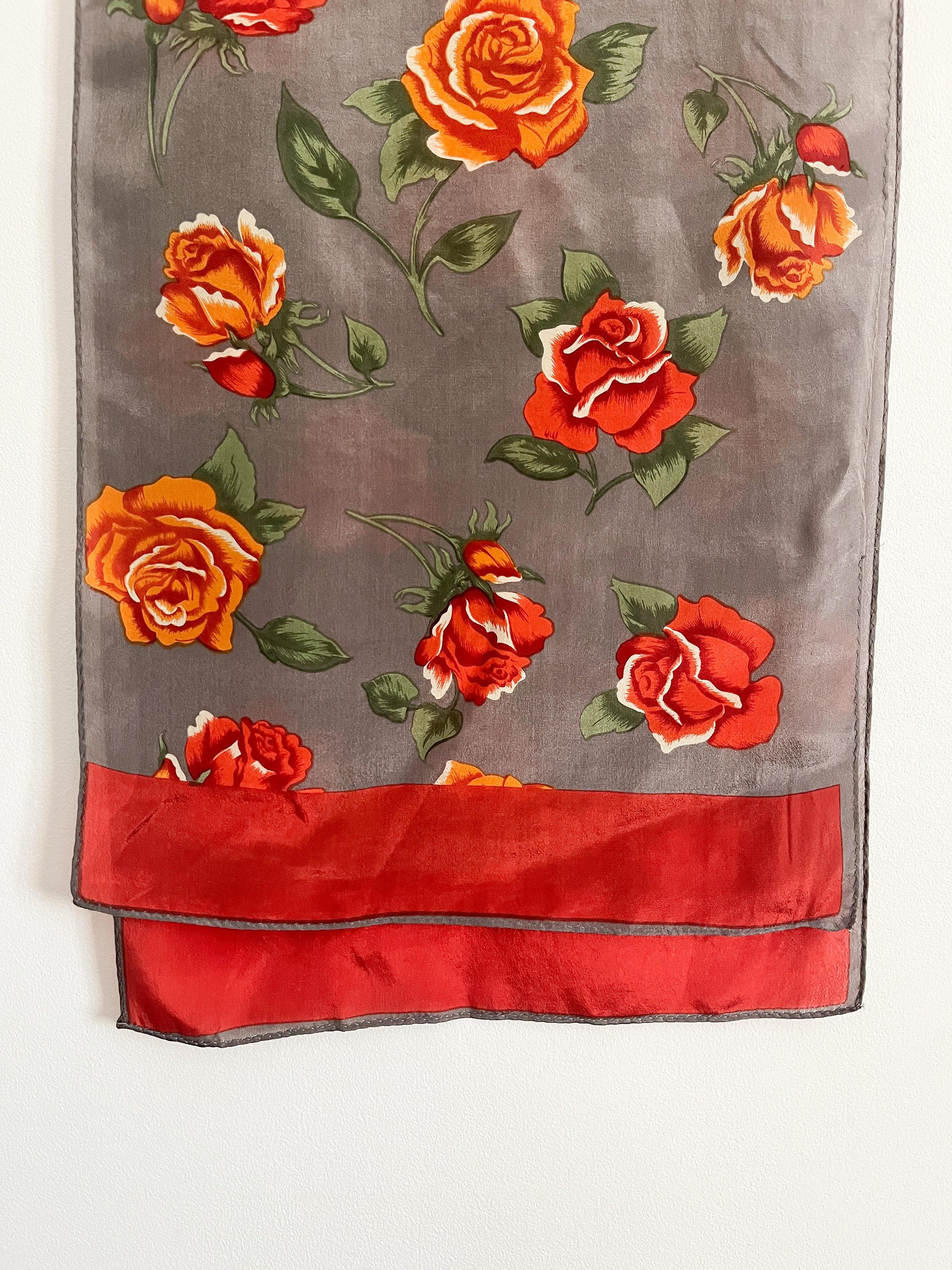 Vintage 80s Silk Mod Bohemian Grey Roses Floral Print Large Square Bandana Neck Tie Scarf with Hand-Rolled Hem