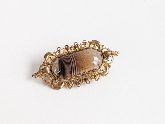 Antique Victorian Brooch, Polished Brown Banded N… - image 2