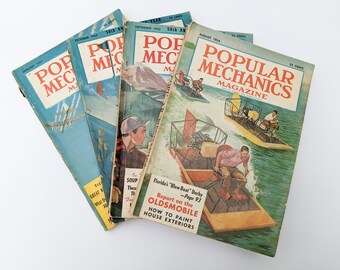 Vintage populäre Mechanik Zeitschriften x4, Vintage Werbung, Technologie, Energie, Technik, Geschichte, wissenschaftliche Experimente, 50er Jahre illustrierte Zeitschriften