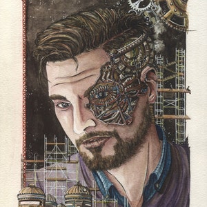 Original 9x12" Steampunk Watercolor: Mind at Work