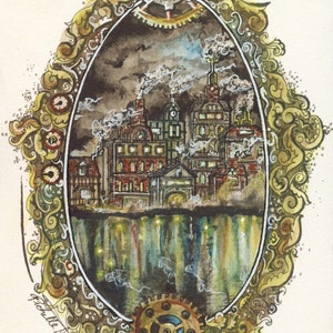 May include: A watercolor painting of a steampunk city scene framed in an ornate gold and green frame with gears. The city is depicted as a dark, industrial place with smoke and steam rising from the buildings. The painting is signed "For the Woods" and dated "July '16".