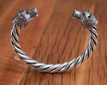 Fenrir Wolf Armband, Sterling Silver Armband med Granatrådsögon