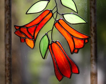 Copihue flower, Lapageria rosea, Stained glass sprig, stained glass window hangings decor, Stained Glass Art Window, Suncatcher,  Chile