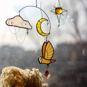 Night Sky, night owl Glass Suncatcher, Art mobile, Stained glass mobile, Window suncatcher, home decor, Mobiles, glass, Made in Ukraine