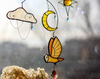 Gebrandschilderd glas Night Sky mobiel, Owl Suncatcher, woondecoratie