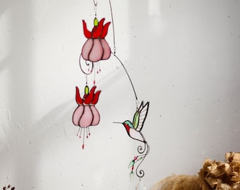 hummingbird pink flowers Glass Suncatcher, Art mobile, Stained glass mobile, Window suncatcher,home decor, Mobiles, glass, Made in Ukraine