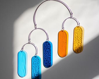 Glass Suncatcher, yellow, turquoise, Art mobile, Stainedglass, Made in Ukraine