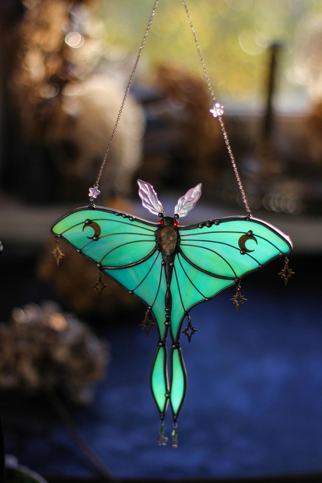 Luna Moth .horned Hare. Stained Glass Window Hangings Decor, Stained