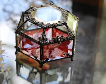 Vintage glas-in-lood sieradendoos, zeshoekige kist, donkerzilver