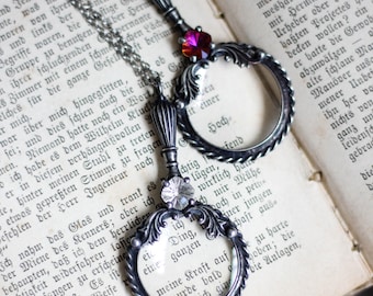 Loepketting gebrandschilderd glas, hanger met vergrootglas in vintagestijl, ketting van 27,5 inch