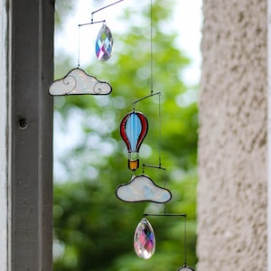 hot air balloons,cloud, Glass Suncatcher, Art mobile, Stained glass mobile, home decor, Mobiles, glass, Made in Ukraine