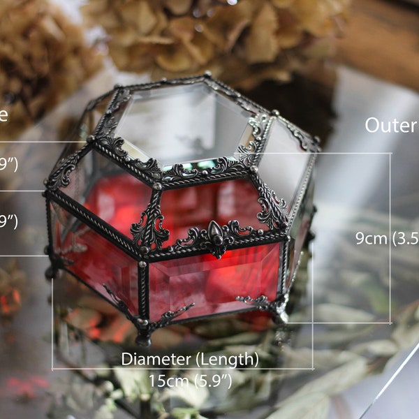 Vintage Stained Glass Jewelry Box, Hexagon Casket, Dark Silver