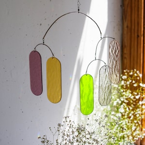 pink,gray,yellow, green, Glass Suncatcher, Art mobile, Stained glass mobile, Window suncatcher,home decor, Mobiles, glass, Made in Ukraine