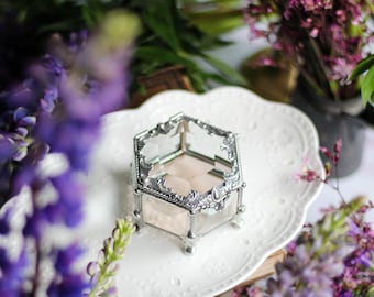 Hexagon Glass Jewelry Box, Vintage Stained Glass, Ring Box