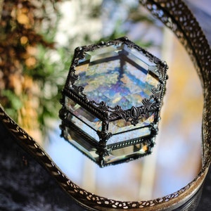 wedding ring box with flowers, Hexagon Jewelry Box, Glass Box, Engagement Ring Box, Stained glass jewellery box, vintage looking casket,