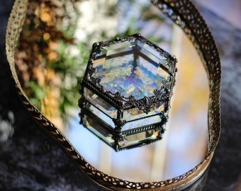 wedding ring box with flowers, Hexagon Jewelry Box, Glass Box, Engagement Ring Box, Stained glass jewellery box, vintage looking casket,