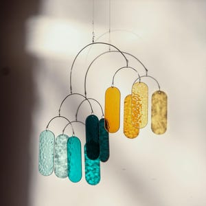 Glass Suncatcher, yellow, turquoise, Art mobile, Stainedglass, Made in Ukraine