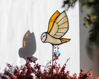 Gebrandschilderd glas uil plantenstok, handgemaakt woondecoratie