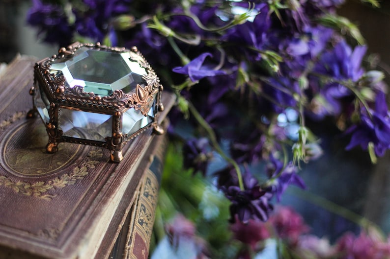 May include: A vintage-style glass and copper-coloured metal jewellery box with a faceted design sits on a stack of old books. The box features a hinged lid and decorative detailing. Purple flowers in the background add colour and softness.