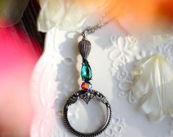 Loepketting, vergrootglas, loephanger, ketting, glazen ketting, boho-handgemaakte hanger, boho-sieraden, statementketting,